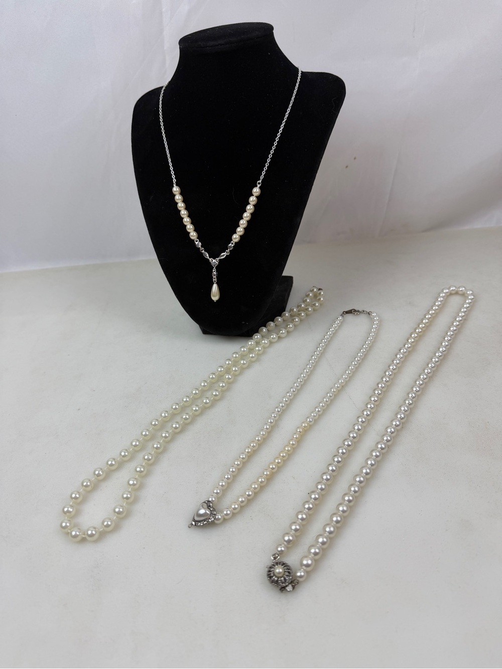 Vintage Faux Pearl Necklace Lot Sarah Coventry Heart Clasp Y Drop 4 Necklaces